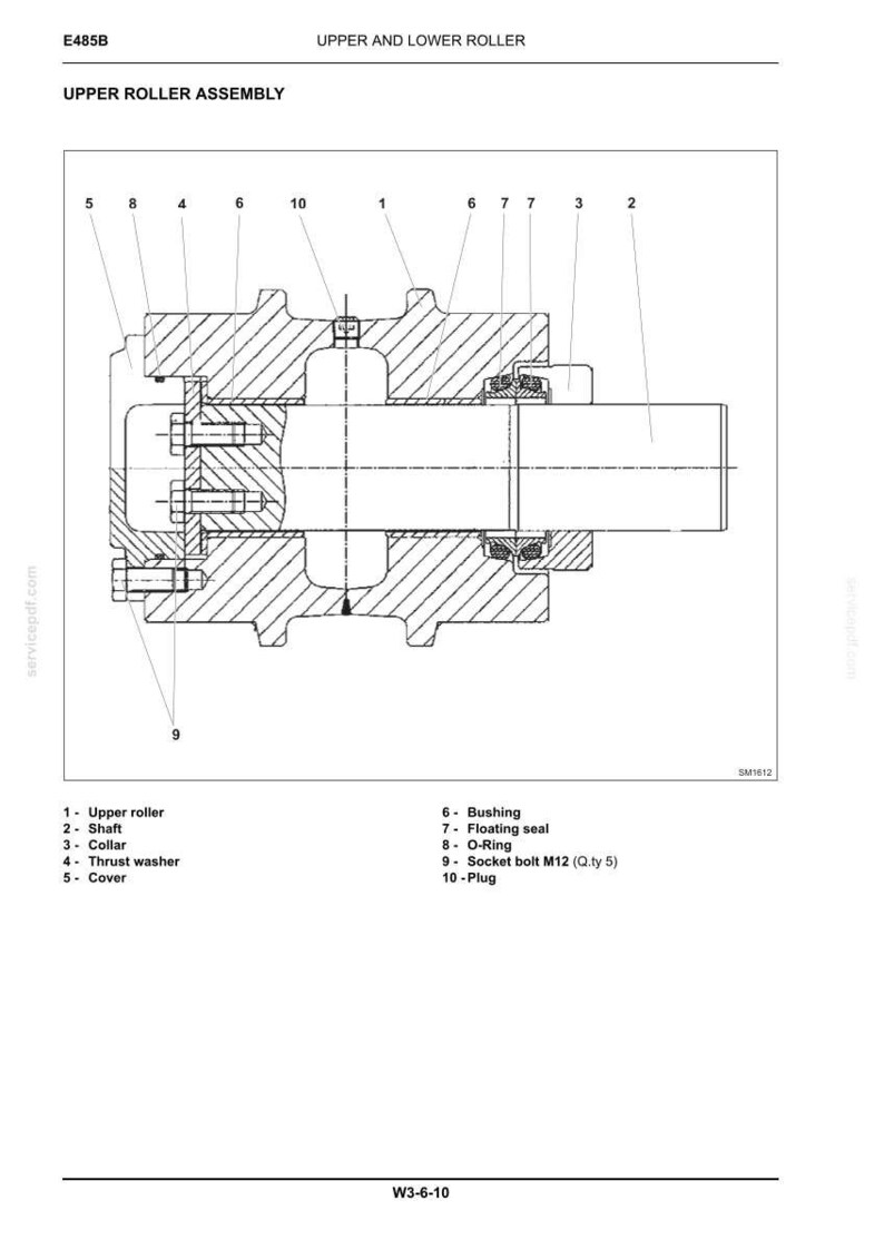 May include: A technical cross-section diagram labeled E485B Upper and Lower Roller, showing an Upper Roller Assembly. The drawing details components including a shaft, collar, thrust washer, cover, bushing, floating seal, O-ring, M12 socket bolts, and a plug.