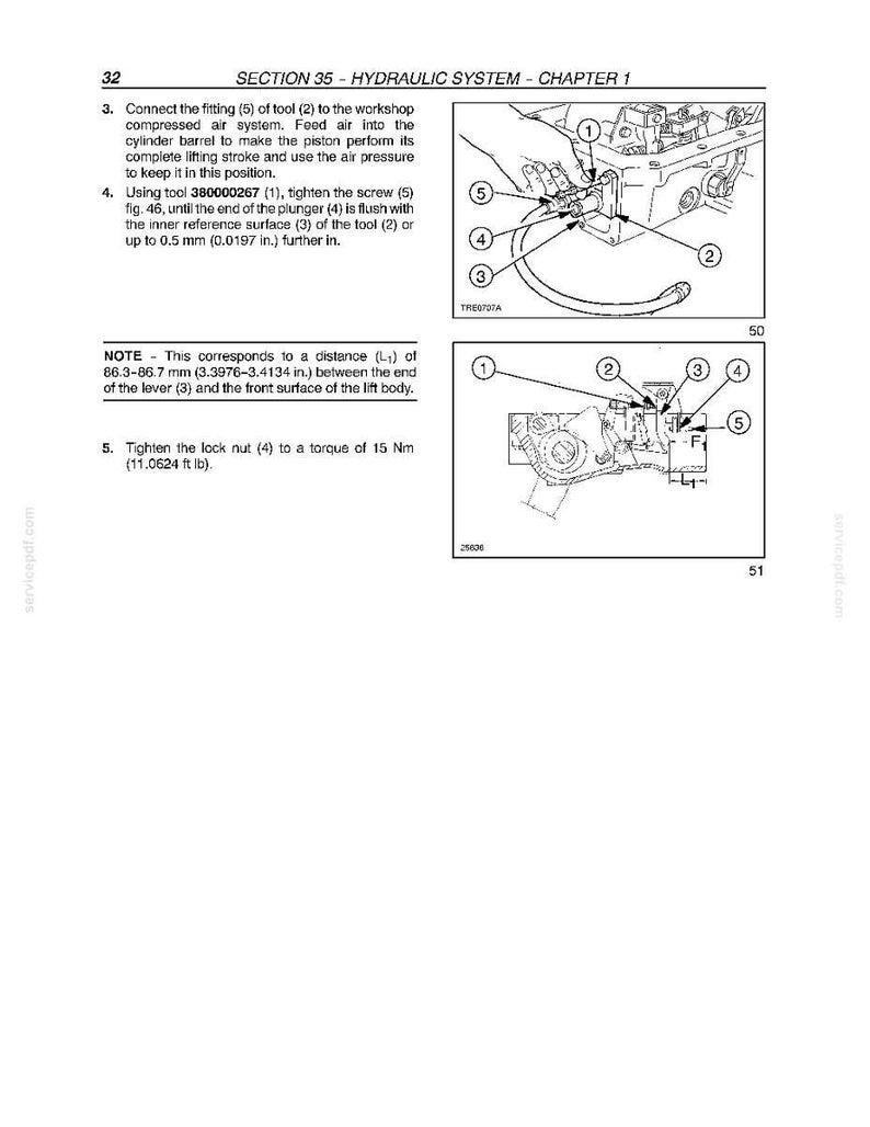 May include: A technical manual page titled Section 35 - Hydraulic System - Chapter 1, featuring two black and white line drawings with numbered callouts. The text provides instructions for connecting tools, tightening screws, and setting a 15 Nm torque.