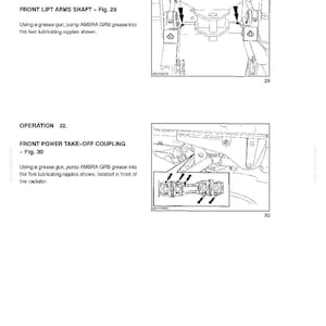 May include: A technical manual page titled LUBRICATION AND MAINTENANCE OPERATION 21 and 22. It features diagrams for the FRONT LIFT ARMS SHAFT and FRONT POWER TAKE-OFF COUPLING, showing grease points with arrows and instructions to use AMBRA GR9 grease.