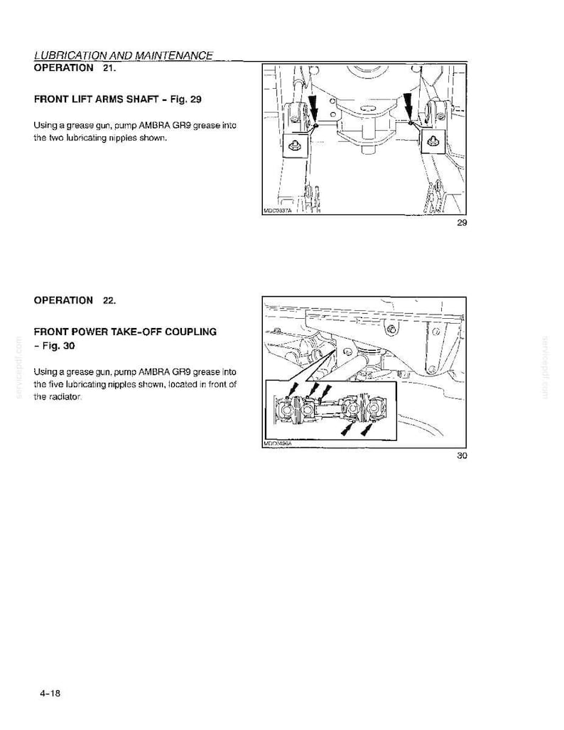 May include: A technical manual page titled LUBRICATION AND MAINTENANCE OPERATION 21 and 22. It features diagrams for the FRONT LIFT ARMS SHAFT and FRONT POWER TAKE-OFF COUPLING, showing grease points with arrows and instructions to use AMBRA GR9 grease.
