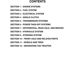 May include: A black and white document titled TC18, TC21, TC21D CONTENTS. It lists twelve sections including Engine Systems, Fuel System, Electrical System, Single Clutch, Transmission Systems, Power Take-Off Systems, Differential, Rear Axle, and Brakes.