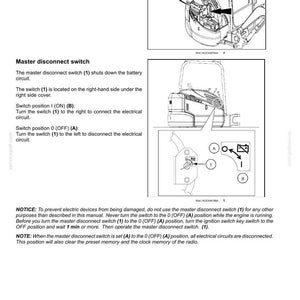 May include: Diagram of a master disconnect switch with labels and instructions. The switch has positions for ON and OFF, with arrows indicating the direction to turn the switch. Text explains the switch's function and location.