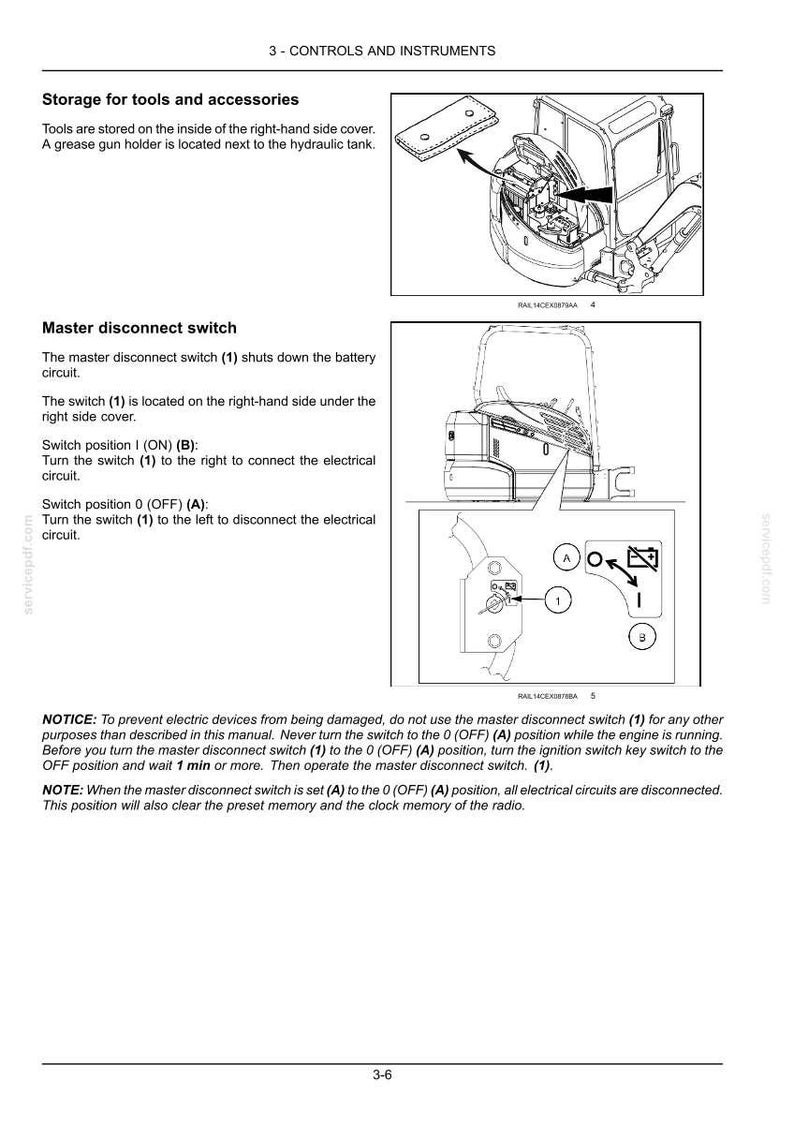 May include: Diagram of a master disconnect switch with labels and instructions. The switch has positions for ON and OFF, with arrows indicating the direction to turn the switch. Text explains the switch's function and location.