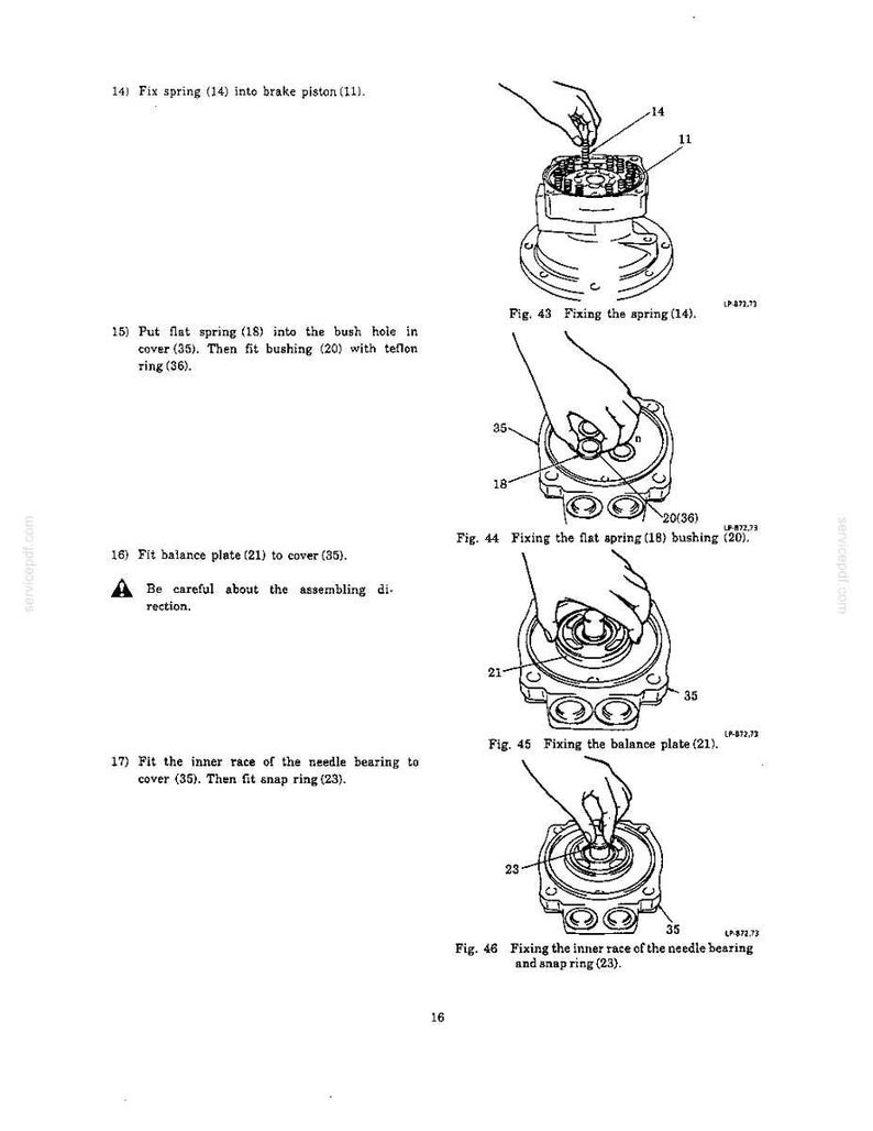 May include: A technical manual page featuring four black and white line drawings illustrating mechanical assembly steps. The diagrams show components being fitted into a brake piston and cover, labeled with numbers 11, 14, 18, 20, 21, 23, 35, and 36.