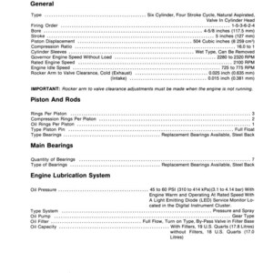 May include: A detailed technical document titled "DIESEL ENGINE SPECIFICATIONS" with various engine specifications. Includes bore measurements of 4-5/8 inches (117.5 mm) and stroke of 5 inches (127 mm). The document is printed in the U.S.A.