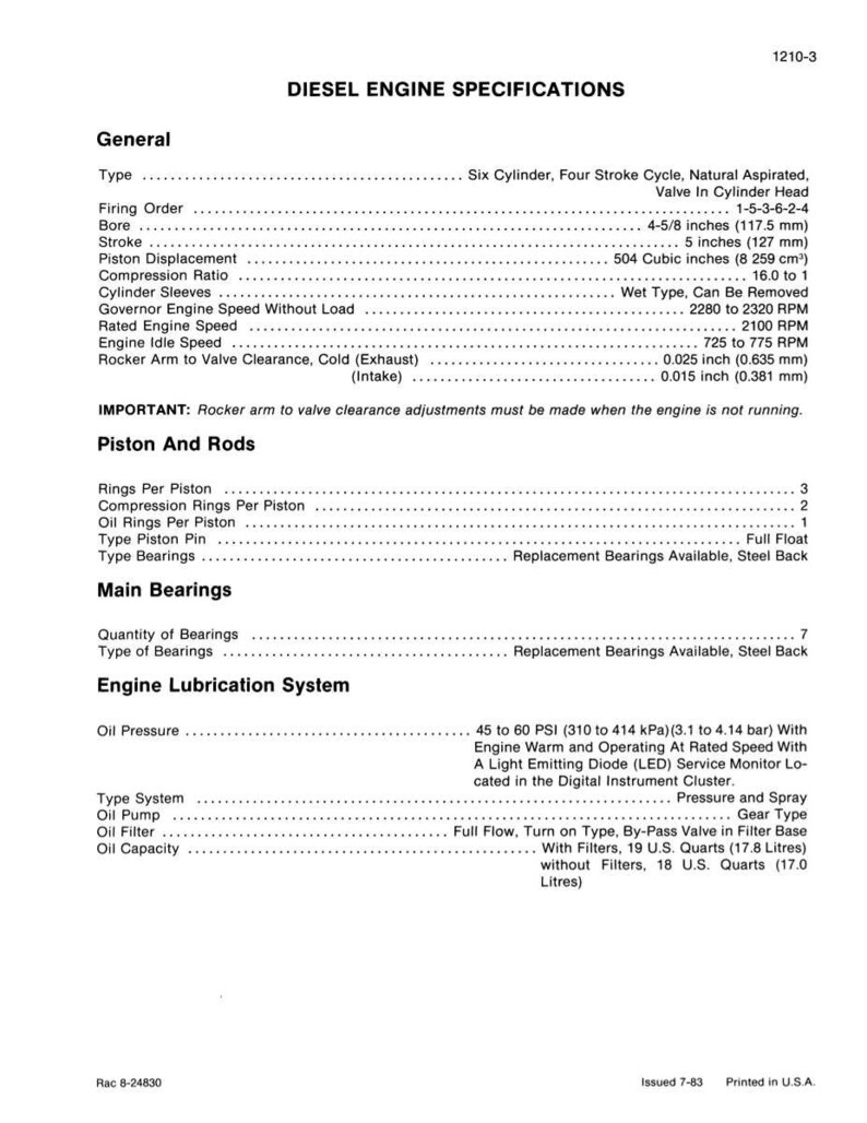 May include: A detailed technical document titled "DIESEL ENGINE SPECIFICATIONS" with various engine specifications. Includes bore measurements of 4-5/8 inches (117.5 mm) and stroke of 5 inches (127 mm). The document is printed in the U.S.A.