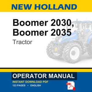 Puede incluir: Una portada de documento digital para el manual del operador del tractor New Holland Boomer 2030 y 2035. El fondo blanco presenta texto azul, una ilustraci&oacute;n de un tractor azul y barras horizontales amarillas. Especifica 123 p&aacute;ginas en ingl&eacute;s.