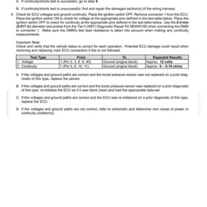 May include: A diagnostic document detailing electrical system fault codes. The document includes tables with test types, pin numbers, and expected results for voltage and continuity checks. Instructions are provided for troubleshooting and repair.