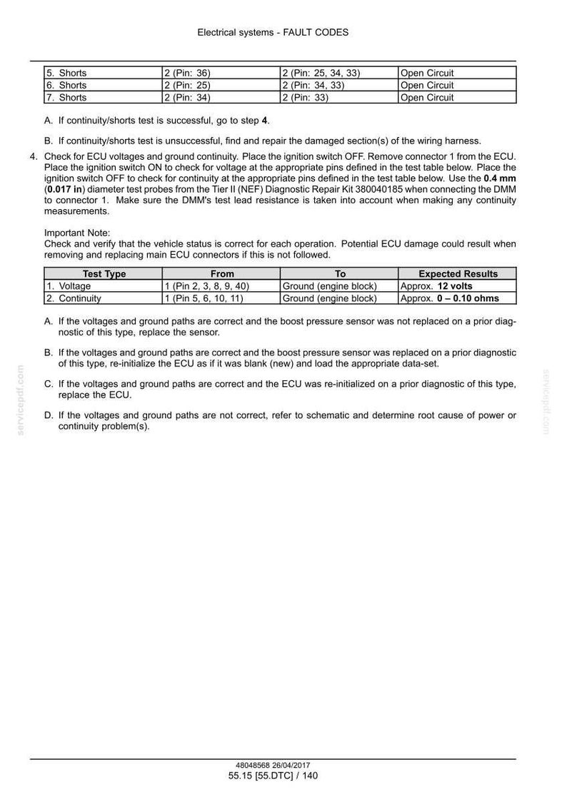 May include: A diagnostic document detailing electrical system fault codes. The document includes tables with test types, pin numbers, and expected results for voltage and continuity checks. Instructions are provided for troubleshooting and repair.