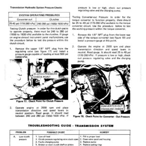 Puede incluir: P&aacute;gina de un manual de sistema mec&aacute;nico con informaci&oacute;n sobre comprobaciones de presi&oacute;n del sistema hidr&aacute;ulico de transmisi&oacute;n. Incluye diagramas, mediciones en psi y kPa y una gu&iacute;a de soluci&oacute;n de problemas.