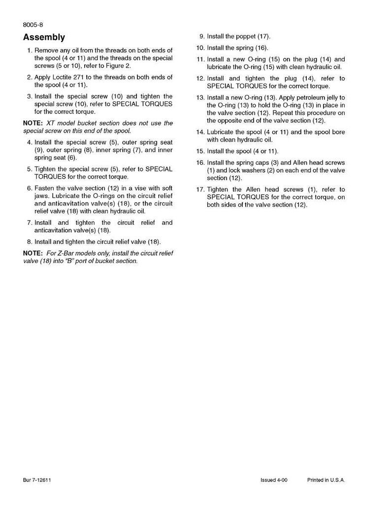 May include: Assembly instructions for part number 8005-8. The document includes numbered steps for assembling various components, such as spools, screws, springs, and O-rings. The text is in black font on a white background.