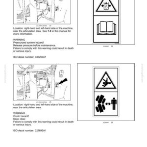 May include: A technical document page titled 2-SAFETY INFORMATION featuring two warning decals. The first shows a pressurised system hazard icon and a book symbol. The second shows a crush hazard icon with a person and machine parts.