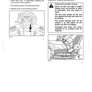 May include: Diagrams from an operator's manual showing how to adjust a steering column and seat belt safety instructions. The manual includes illustrations of a steering wheel and a seat with a seatbelt.