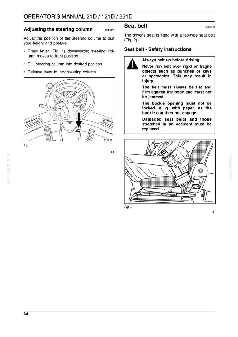May include: Diagrams from an operator's manual showing how to adjust a steering column and seat belt safety instructions. The manual includes illustrations of a steering wheel and a seat with a seatbelt.