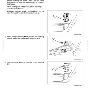 May include: Diagram of hydraulic foot control installation steps. Includes illustrations of installing the travel remote control valve, bolts with an 8 mm hexagon wrench, and hose adapters with a 19 mm wrench.
