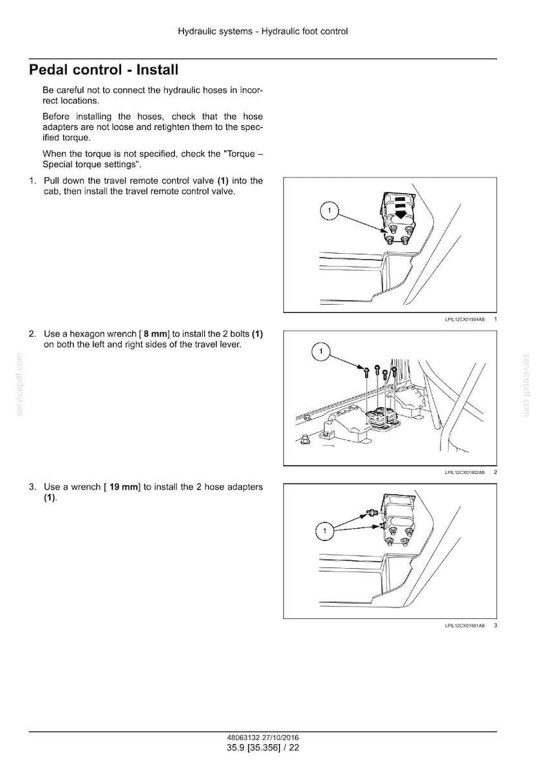 May include: Diagram of hydraulic foot control installation steps. Includes illustrations of installing the travel remote control valve, bolts with an 8 mm hexagon wrench, and hose adapters with a 19 mm wrench.