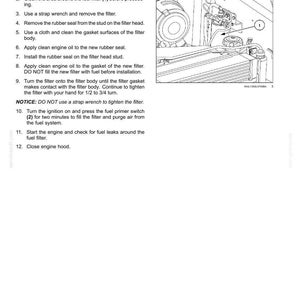 May include: A technical maintenance document page titled 7-MAINTENANCE for models L230 and C238. It features a numbered list of twelve instructions for replacing a fuel filter, accompanied by a black and white line drawing of an engine component.