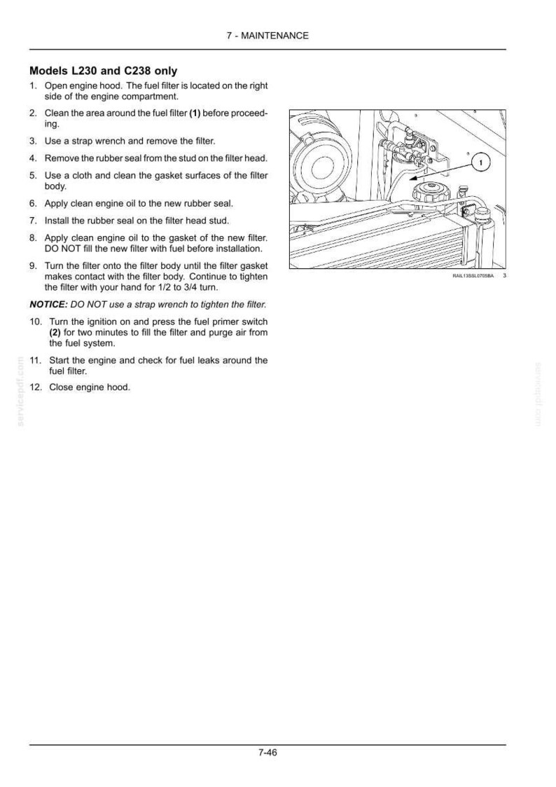 May include: A technical maintenance document page titled 7-MAINTENANCE for models L230 and C238. It features a numbered list of twelve instructions for replacing a fuel filter, accompanied by a black and white line drawing of an engine component.
