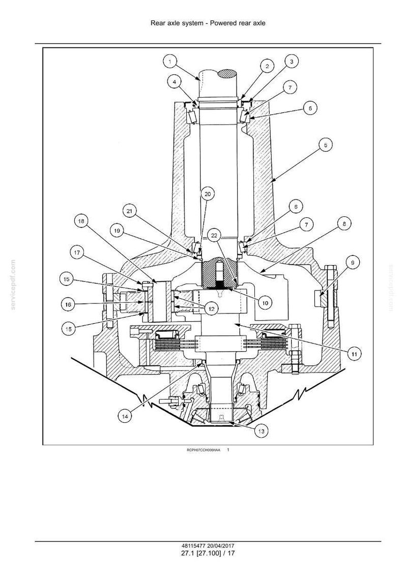 May include: Detailed diagram of a rear axle system, labeled with numbers. The cross-section shows various components, including bearings, a central shaft, and housing. The text "Rear axle system - Powered rear axle" is at the top.