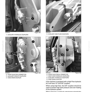 May include: Diagram of auxiliary hydraulic and high flow auxiliary hydraulic components. The image shows close-ups of couplers, connectors, and drain couplers, with labels and figure numbers. Text includes instructions for use and maintenance of the hydraulic system.