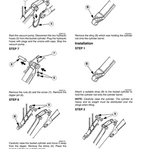 May include: Diagram of heavy machinery assembly steps. Includes illustrations of hydraulic hoses, nuts, screws, and a bucket cylinder. Text instructions detail disconnecting hoses, removing parts, and installing components. The diagram is in black and white.