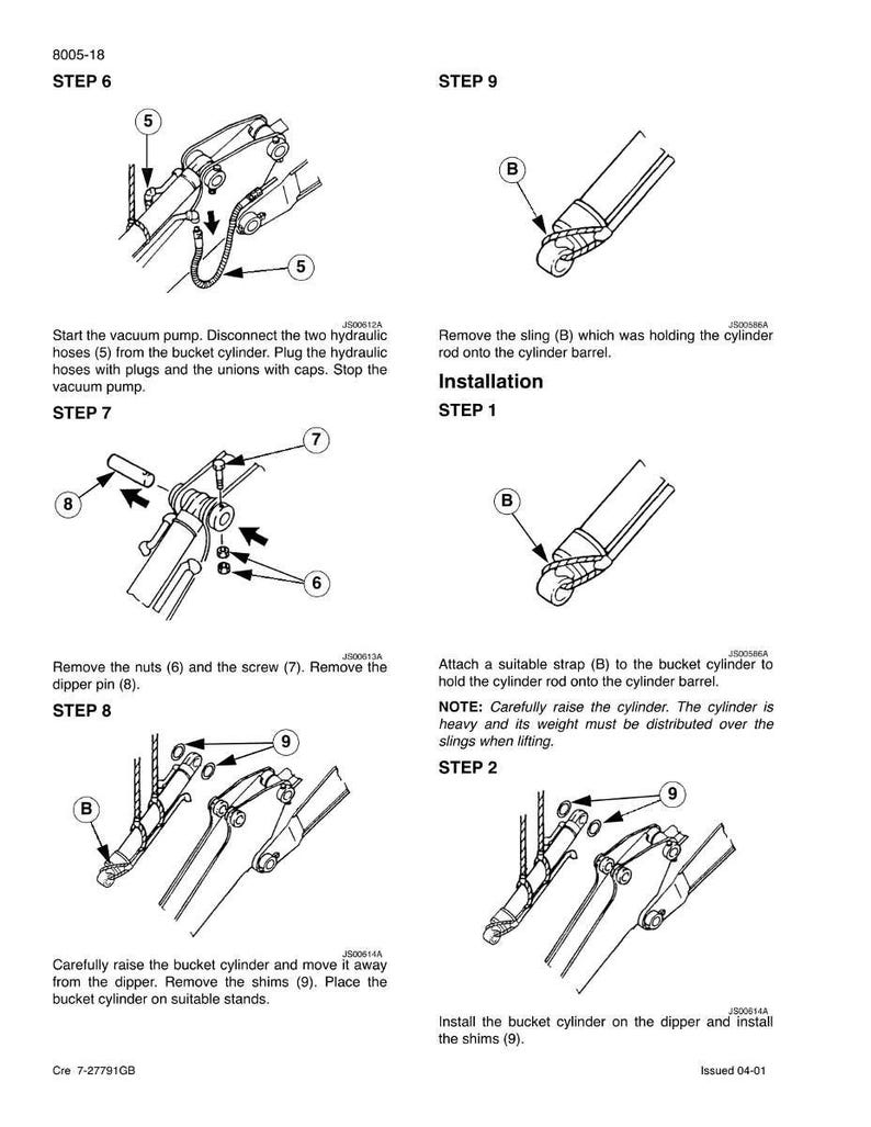 May include: Diagram of heavy machinery assembly steps. Includes illustrations of hydraulic hoses, nuts, screws, and a bucket cylinder. Text instructions detail disconnecting hoses, removing parts, and installing components. The diagram is in black and white.