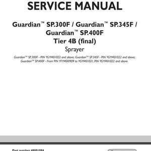 May include: A white service manual cover with the title "SERVICE MANUAL" in bold black font. The manual covers Guardian SP.300F, SP.345F, and SP.400F sprayers. The New Holland Agriculture logo is in the bottom right corner.