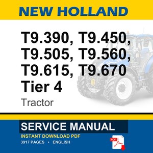 K&ouml;nnte beinhalten: Ein blau-wei&szlig;er New Holland Traktor ist abgebildet. Der Text enth&auml;lt die Traktormodellnummern T9.390, T9.450, T9.505, T9.560, T9.615 und T9.670, zusammen mit "Tier 4" und "Tractor". Das Bild enth&auml;lt auch eine "Service Manual" Grafik.