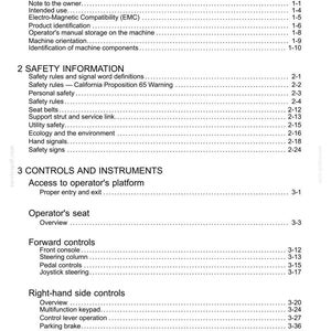 May include: A page from a manual titled "Contents" with sections on general and safety information, controls, and instruments. The text includes topics like safety rules, operator's seat, and forward controls. The page is white with black text.