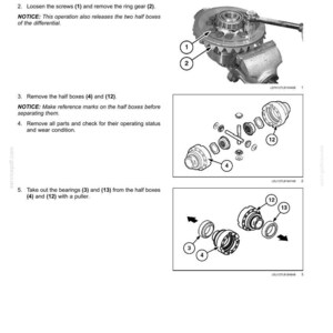 May include: Diagram of a rear axle system with instructions for disassembly. The image shows a differential with numbered components, including screws, ring gear, half boxes, and bearings. Text instructions are included.