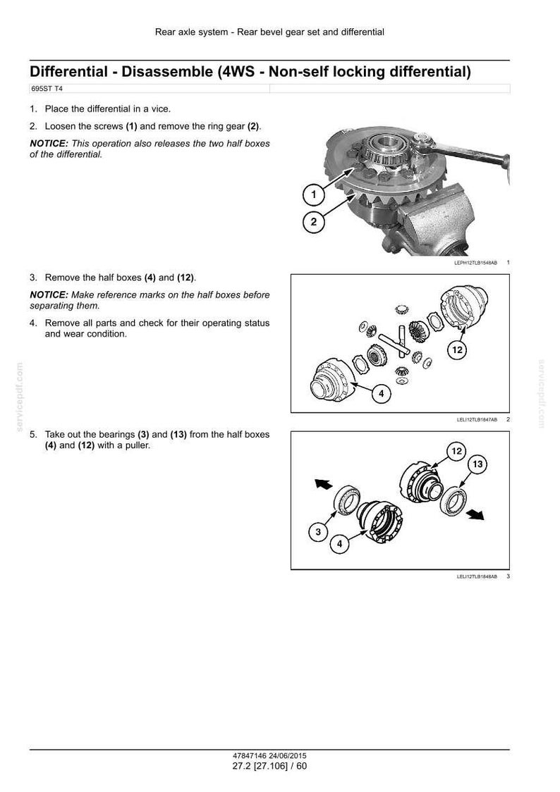 May include: Diagram of a rear axle system with instructions for disassembly. The image shows a differential with numbered components, including screws, ring gear, half boxes, and bearings. Text instructions are included.