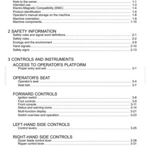 May include: A white document titled "Contents" with a detailed table of contents for a machine's manual. Sections include general information, safety, controls, and instruments.