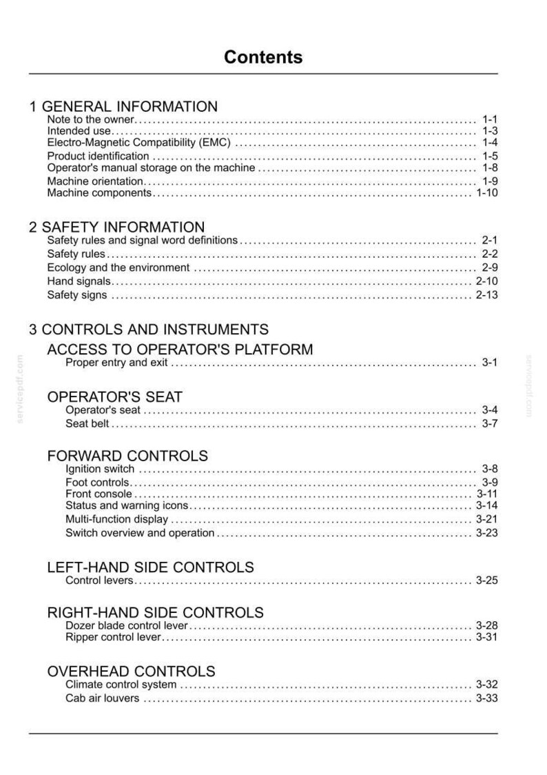 May include: A white document titled "Contents" with a detailed table of contents for a machine's manual. Sections include general information, safety, controls, and instruments.