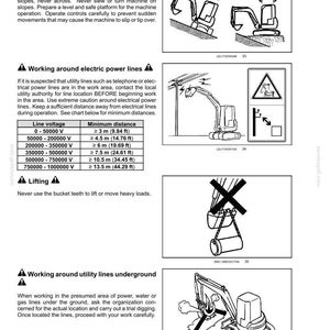 Puede incluir: Un documento de informaci&oacute;n de seguridad para maquinaria pesada con texto e ilustraciones. Incluye pautas para operar en pendientes, trabajar cerca de l&iacute;neas el&eacute;ctricas con una tabla de distancias, levantar cargas y trabajar cerca de l&iacute;neas de servicios subterr&aacute;neos.