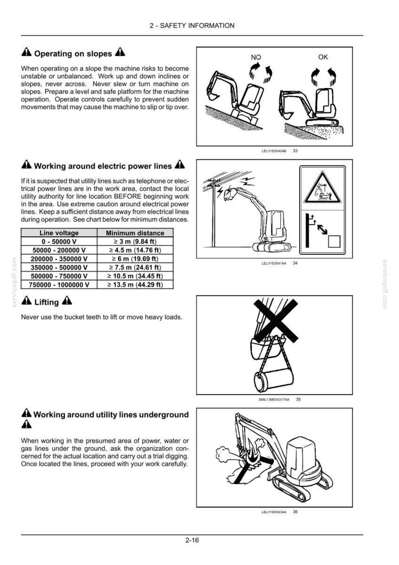 Puede incluir: Un documento de informaci&oacute;n de seguridad para maquinaria pesada con texto e ilustraciones. Incluye pautas para operar en pendientes, trabajar cerca de l&iacute;neas el&eacute;ctricas con una tabla de distancias, levantar cargas y trabajar cerca de l&iacute;neas de servicios subterr&aacute;neos.