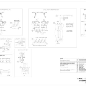 May include: A detailed schematic diagram of a CX26C - CX30C excavator's hydraulic system. The diagram is in black and white, featuring various components and their connections, with labels and a legend for reference. The document is labeled "HYDRAULIC SCHEMATIC".