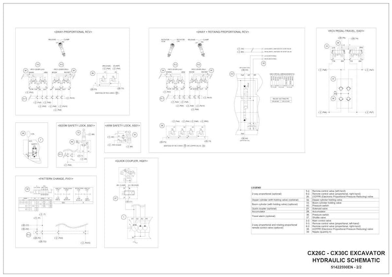 May include: A detailed schematic diagram of a CX26C - CX30C excavator's hydraulic system. The diagram is in black and white, featuring various components and their connections, with labels and a legend for reference. The document is labeled "HYDRAULIC SCHEMATIC".