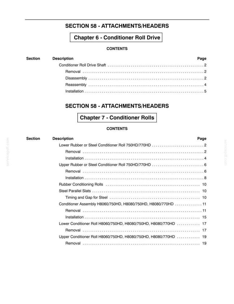 May include: A detailed table of contents from a manual, with the title "SECTION 58 - ATTACHMENTS/HEADERS". The document lists various sections, descriptions, and page numbers. The text is black on a white background.