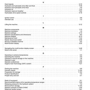 May include: A page from a manual with a table of contents. The text is black on a white background, listing various topics such as "Machine components" and "Hydraulic oil". Numbers are listed to the right of each topic.