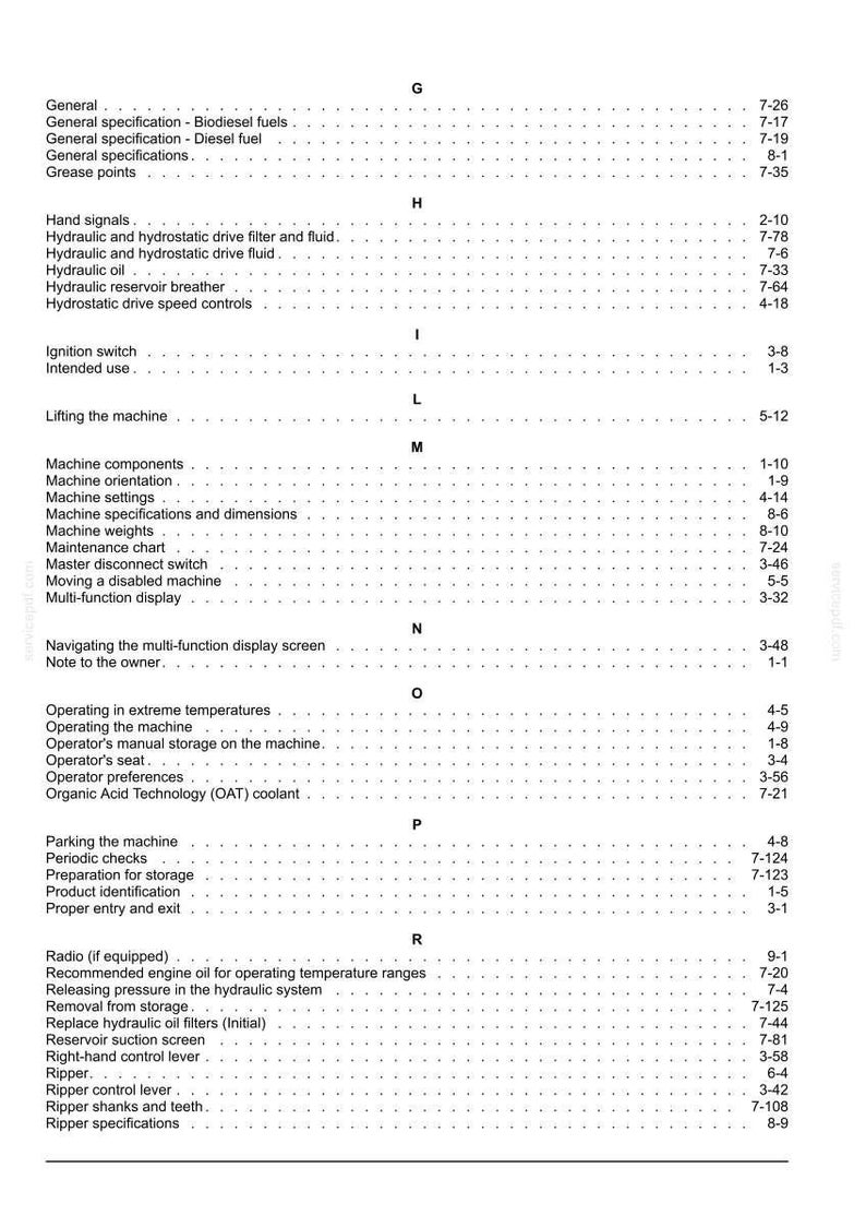 May include: A page from a manual with a table of contents. The text is black on a white background, listing various topics such as "Machine components" and "Hydraulic oil". Numbers are listed to the right of each topic.