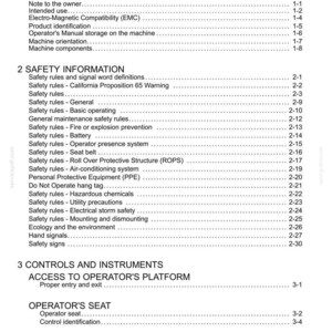 May include: A white document titled "Contents" with a detailed table of contents for a machine's manual. Sections include general information, safety information, controls, and instruments.