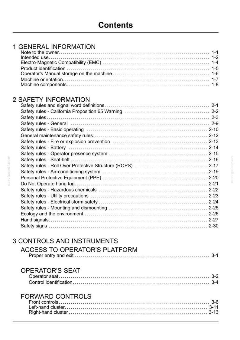 May include: A white document titled "Contents" with a detailed table of contents for a machine's manual. Sections include general information, safety information, controls, and instruments.