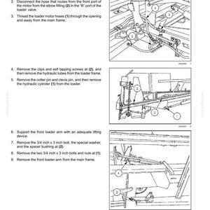 May include: Diagram of a bale loader removal process, with numbered steps and labeled components. Includes illustrations of the loader valve, hoses, bolts, and frame. Text includes instructions for disconnecting hoses and removing parts.