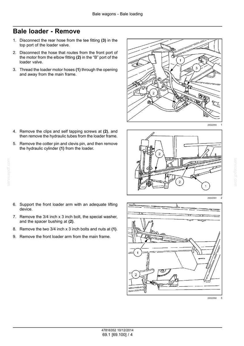 May include: Diagram of a bale loader removal process, with numbered steps and labeled components. Includes illustrations of the loader valve, hoses, bolts, and frame. Text includes instructions for disconnecting hoses and removing parts.