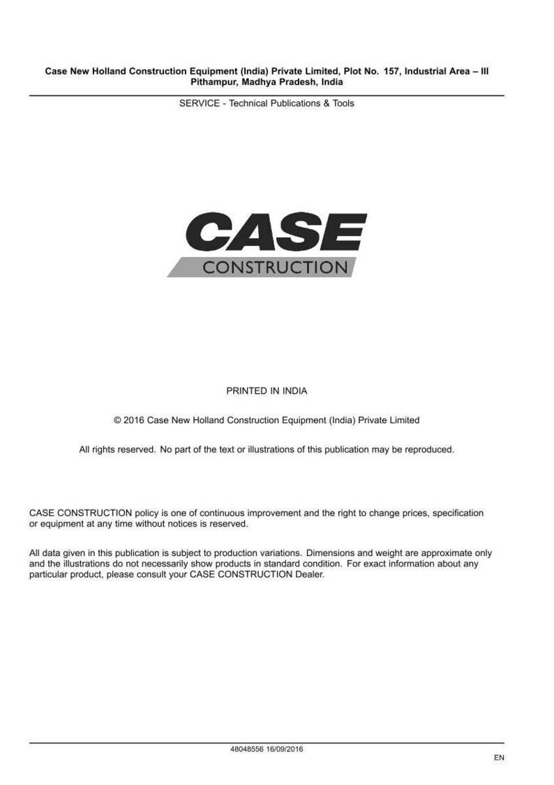 May include: A white document with the text "CASE CONSTRUCTION" in bold black letters. The document includes the name and address of Case New Holland Construction Equipment (India) Private Limited, and other text.