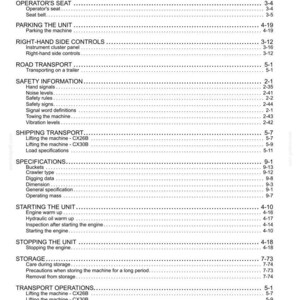 May include: A detailed page from a manual, featuring a table of contents with various operational and safety topics. Sections include starting, stopping, and operating the machine, along with safety and transport information.