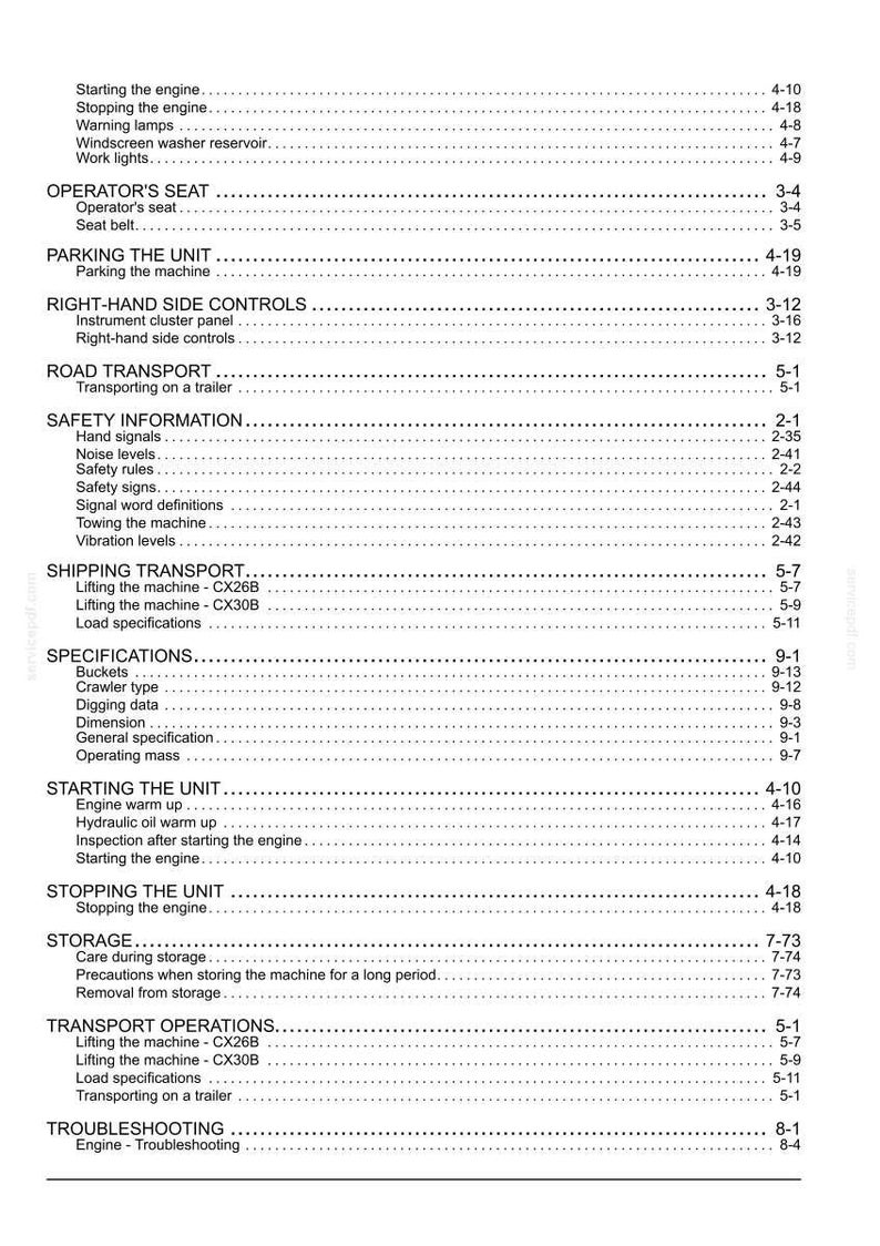 May include: A detailed page from a manual, featuring a table of contents with various operational and safety topics. Sections include starting, stopping, and operating the machine, along with safety and transport information.
