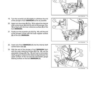 May include: Diagrams illustrating hydraulic system components and procedures. Includes labeled parts, arrows, and measurements. Text instructions accompany the illustrations, detailing steps for adjustment and measurement using specialized tools.