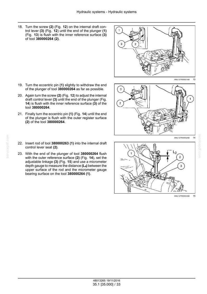 May include: Diagrams illustrating hydraulic system components and procedures. Includes labeled parts, arrows, and measurements. Text instructions accompany the illustrations, detailing steps for adjustment and measurement using specialized tools.