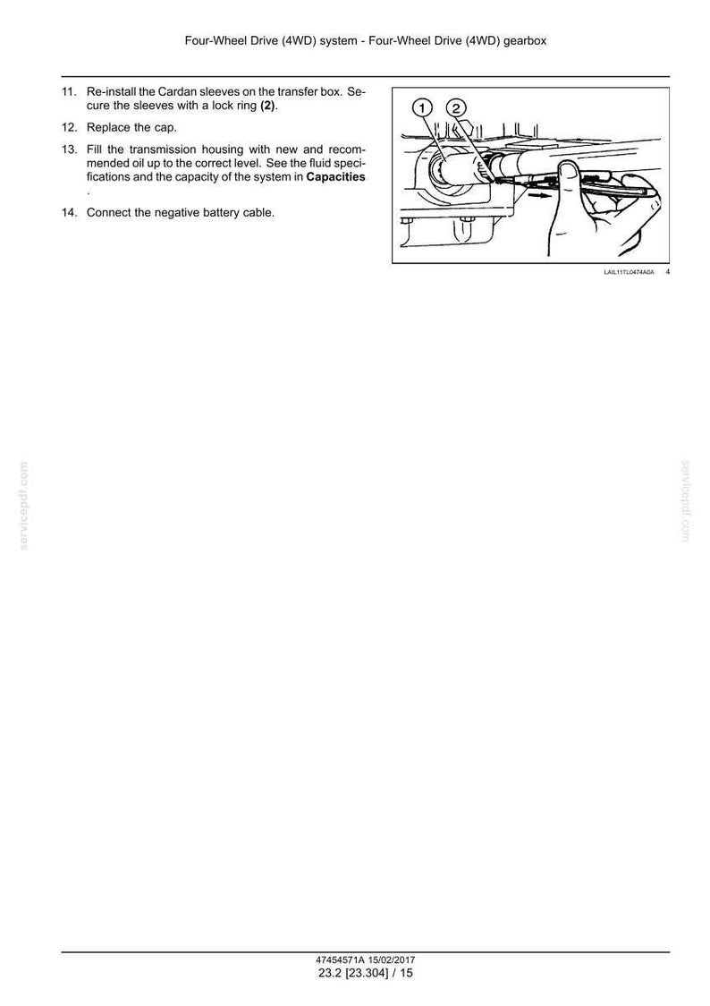 Puede incluir: Diagrama t&eacute;cnico de una caja de cambios de tracci&oacute;n a las cuatro ruedas (4x4). La imagen muestra componentes numerados e instrucciones para reinstalar los manguitos Cardan, reemplazar la tapa y llenar la carcasa de la transmisi&oacute;n con aceite. Incluye una mano usando una herramienta.